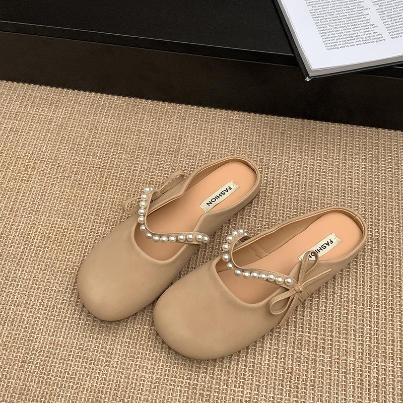 

Легкие тапочки-мешки на плоской подошве в стиле ретро во французском стиле с жемчугом, женские, новинка 2025 года, летняя верхняя одежда, нескользящие универсальные полутапочки 40