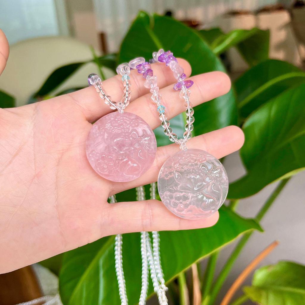Rose Quartz Nine-Tailed Fox Crystal Pendant Necklace