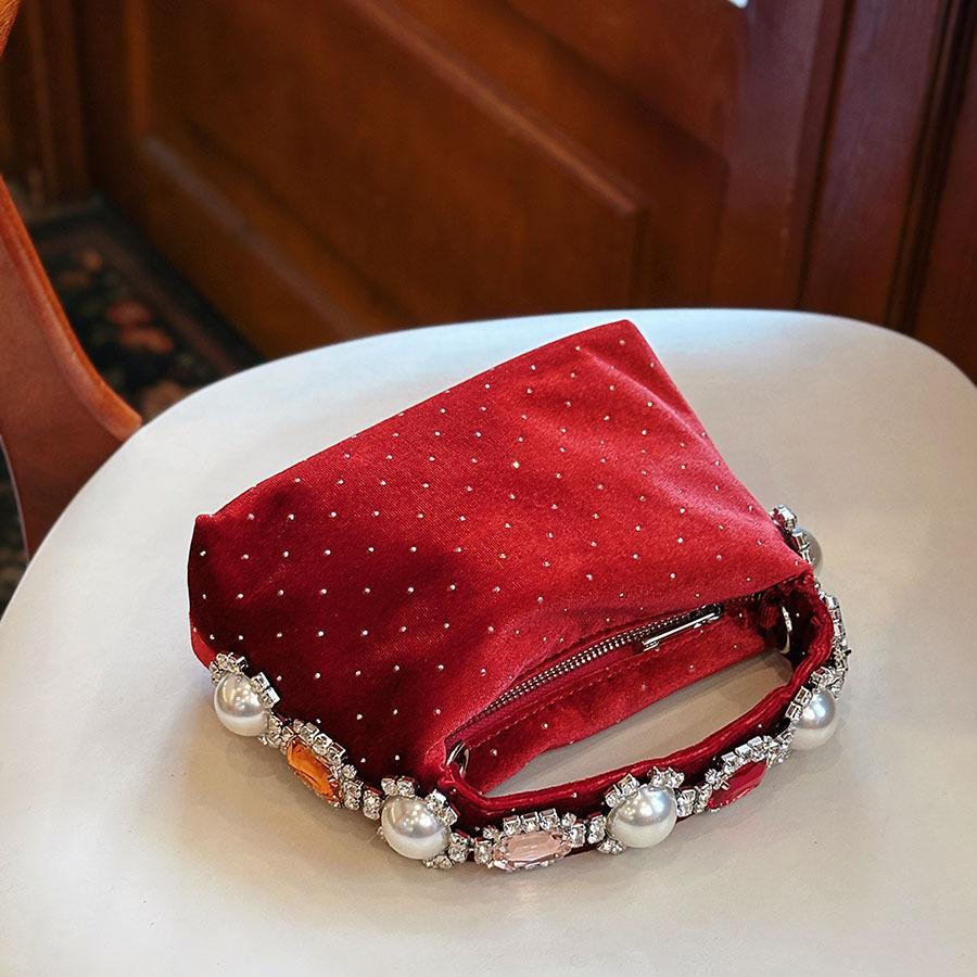 

Luxury Pearls Dot Women s Bag Fashion Velvet Rhinestone Handbags Diamond Crystal Wedding Evening Bag Shoulder Crossbody Bags
