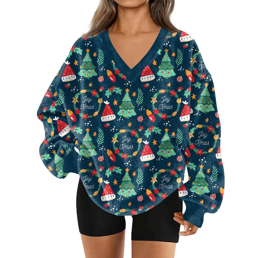Women's Fashionable V-neck Christmas Printed Long Sleeved Casual Pullover Plush Warm Pocket Sweatshirt Top