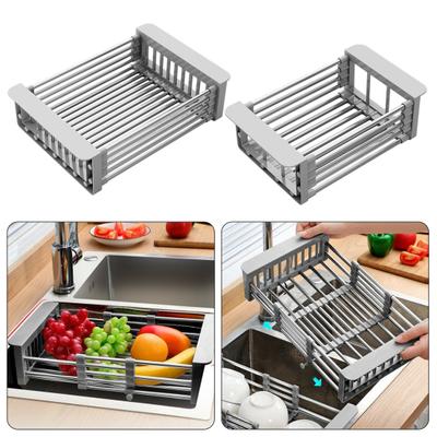 Drain Basket Stainless Steel Kitchen Sink Drain Basket Telescopic Drying Rack with Non-Slip Support Utensils Storage