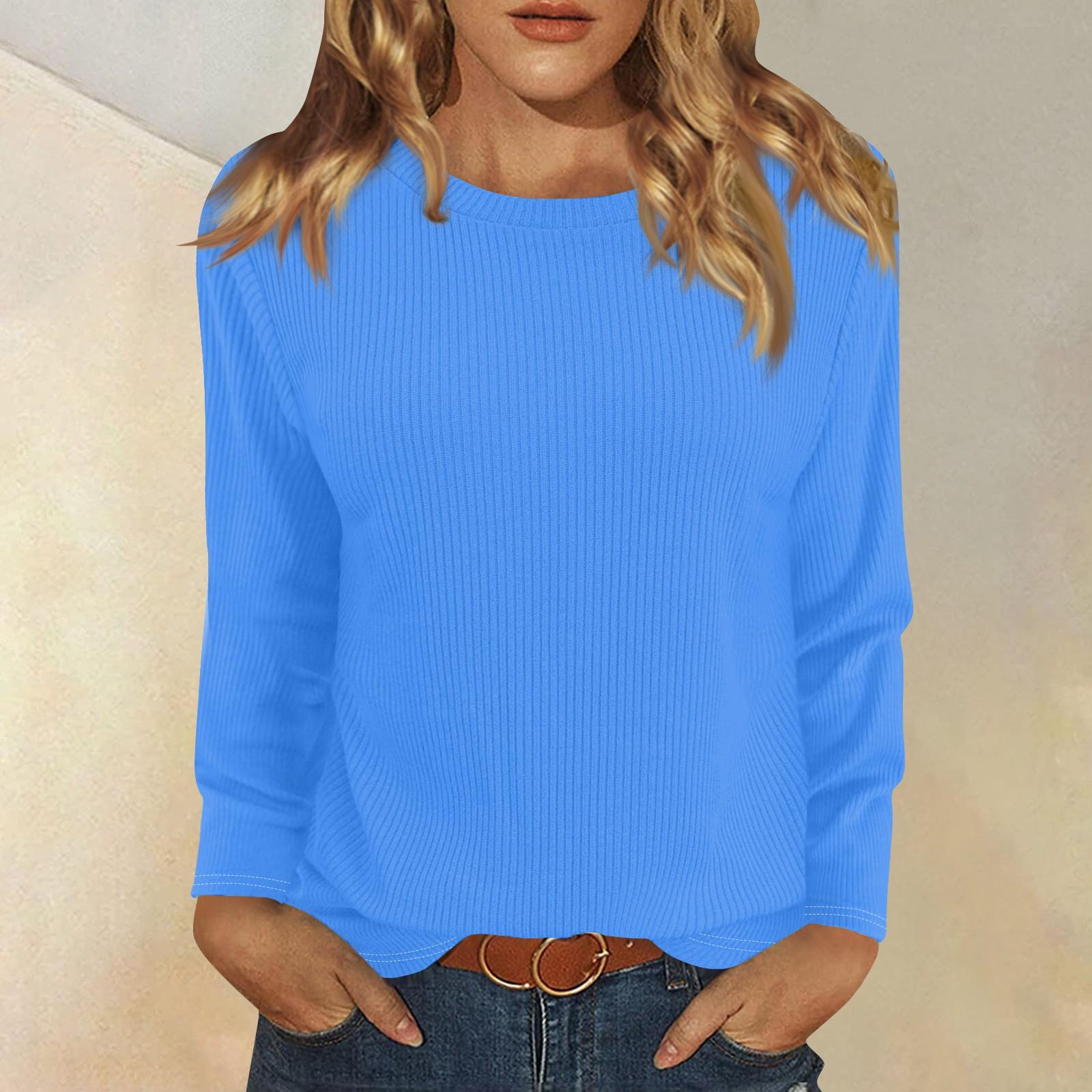 

Топы с длинным рукавом для женщин, футболка, повседневные однотонные топы, футболка, круглый вырез, пуловер, блузка S