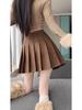 Women's Plus Size Brown Suede A-line Pleated Skirt - Autumn/Winter Retro Hip-Hugging Petite Design