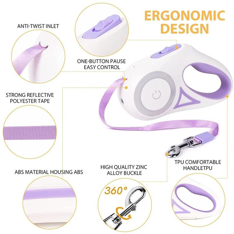 3M/5M Automatisch Intrekbaar Hondentuig met Zaklamp, LED Gloeiend Nachtelijk Wandelriem, Duurzaam Nylon Buitenriem voor Hond