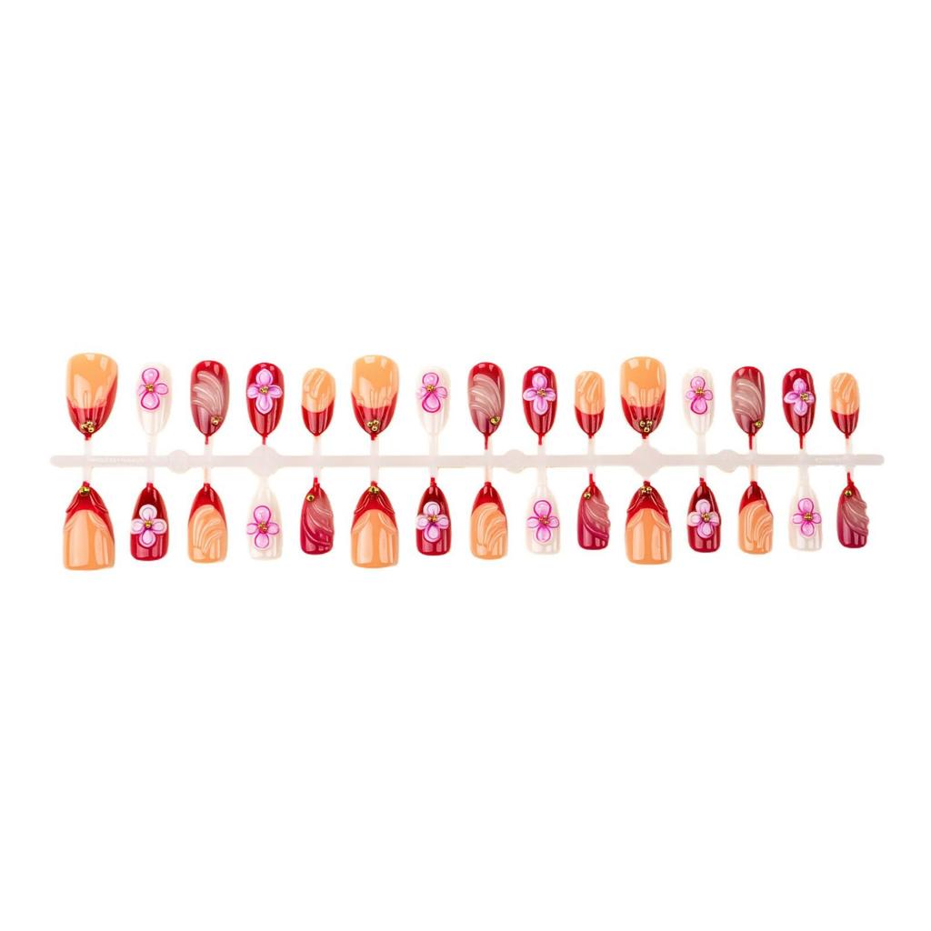 30-Piece Set: High-Grade 3D Floral Rhinestone French Almond Wearable Brown Nails.