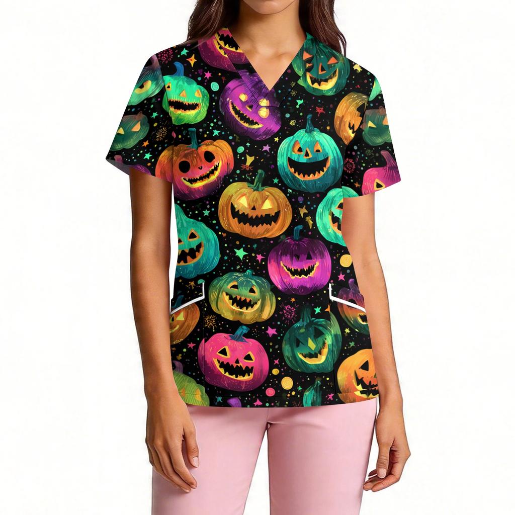 Women V Neck Short Sleeve Work Top with Pockets Halloween Pumpkin Print Medical Scrub Shirt Lightweight Comfortable Fit