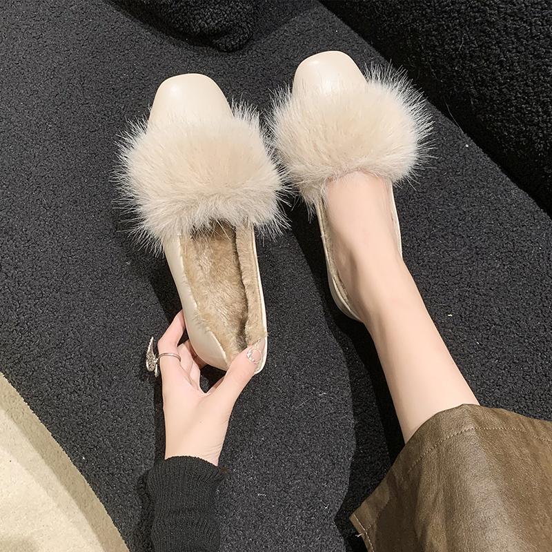 Fashion Women's Flat Shoes Winter New Square Head Shallow Mouth Plus Velvet Soft Sole Anti-slip Wear-resistant Low-top Shoes