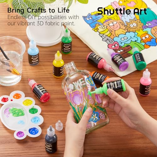 Shuttle Art 3D Fabric Paint Set, 45 Colors, 30ml each, Metallic Colors, Washable, Durable, Paintbrush, Stencil, and Palette Included, Perfect for DIY