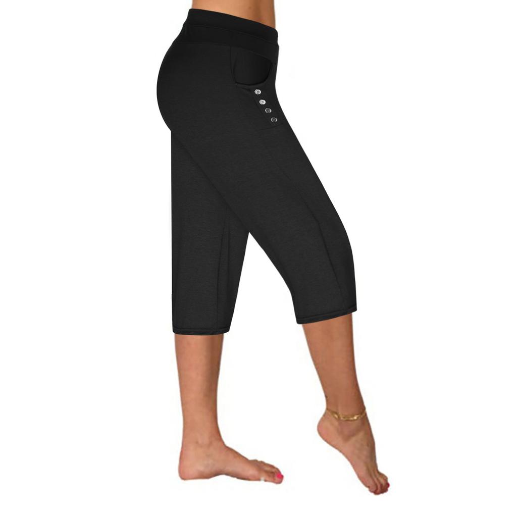 Women's 5-point sports pants, fitness pants, running training loose button wide leg pants