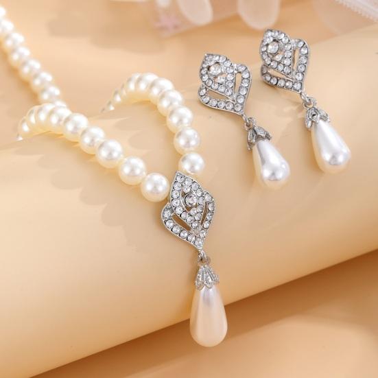 1 Set Schmuckset Kunstperlen Ohrringe Halskette Länge verstellbar Strass Dekor poliert Abschlussball Party Hochzeit Brautschmuck