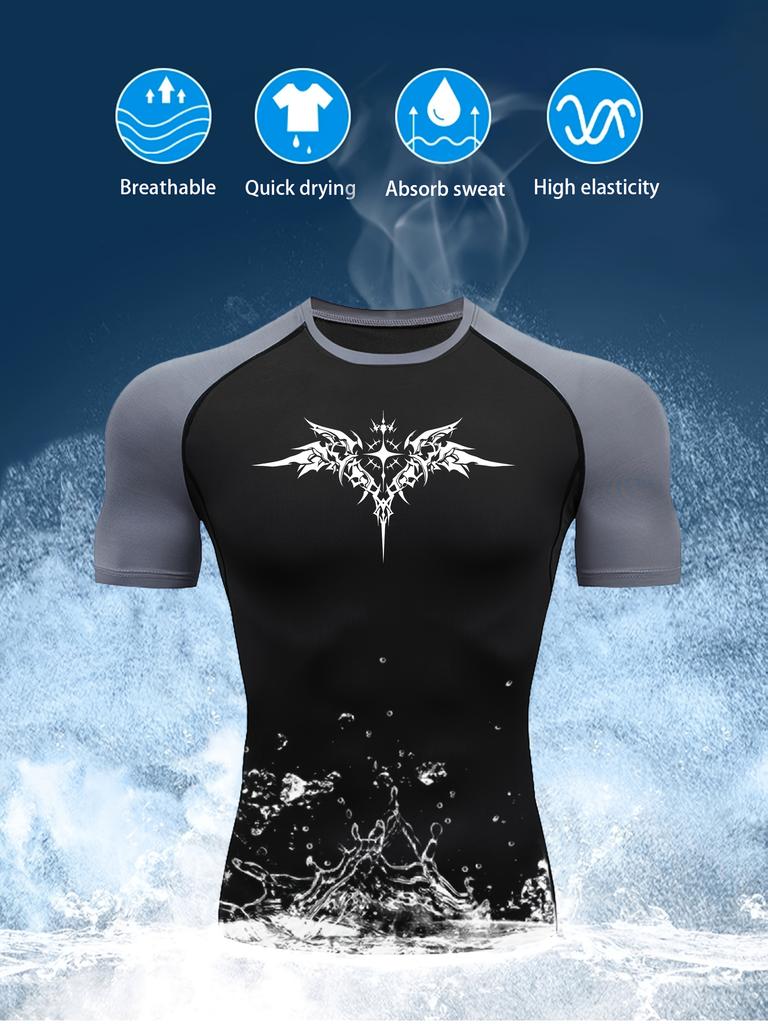 Men's Dark Tribal Tattoo Cross Compression T-Shirt Absorb Sweat for Gym Running Fitness Training