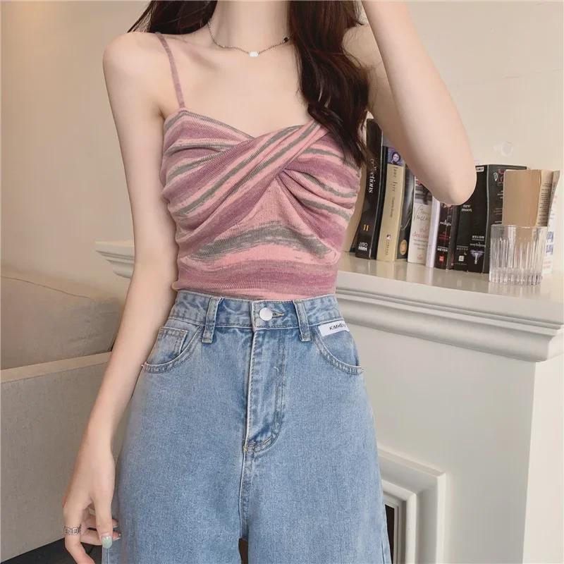 Color Block Striped Design Women's Spring Camisole: Short, Sexy, and Sweet Spicy Top.