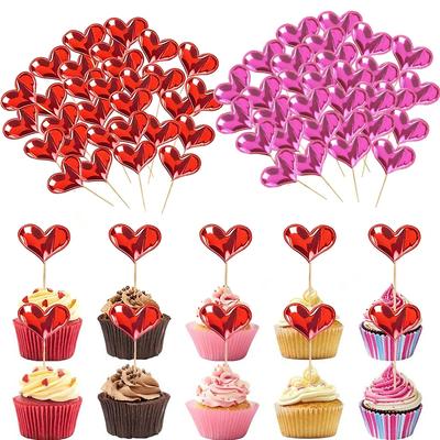 50/100Pcs Red Heart Cupcake Toppers Valentine's Day Cupcake Picks DIY Dessert Fruits Food Picks for Wedding Birthday Cake Decor