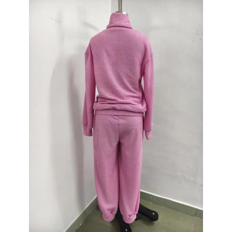 Jesień Zima 2-częściowe Zestawy Damskie Dzianinowy Dres Nowy Sweter z Golfem i Spodnie Jogger z Szerokimi Nogawkami Zestaw Damskie Garnitury Pulowerowe