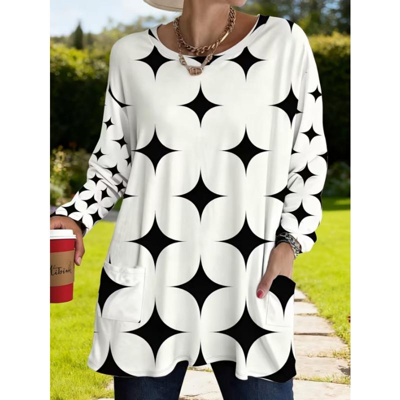 Women's Long-sleeved Round-neck T-shirt, Suitable for Spring, Autumn and Winter Seasons. It Has Pockets and Print Designs. Machine Washable.