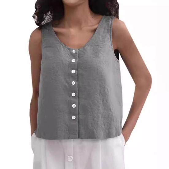 Women Summer Vest Round Neck Sleeveless Loose Fit Tops Solid Color Button Placket Design Tank Tops Streetwear