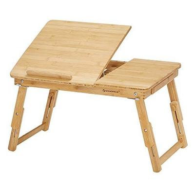 Mesa de bambu, mesa para laptop, bandeja de café da manhã com 5 ângulos de inclinação ajustáveis, pequena gaveta, natural LLD01N
