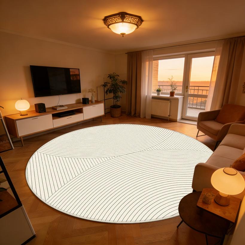 Light Beige Minimalist Lines Living Room Round Rug Decoration Bedroom Office Fluffy Carpet Easy Clean Soft Tables Chairs Mats