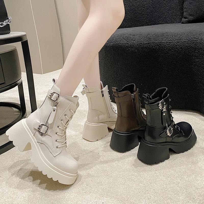 Fashion Cool British Style Lace-up Boots for Women Autumn New Style Thick Heel Thick Sole Belt Buckle Front Lace Up Leather Short Boots