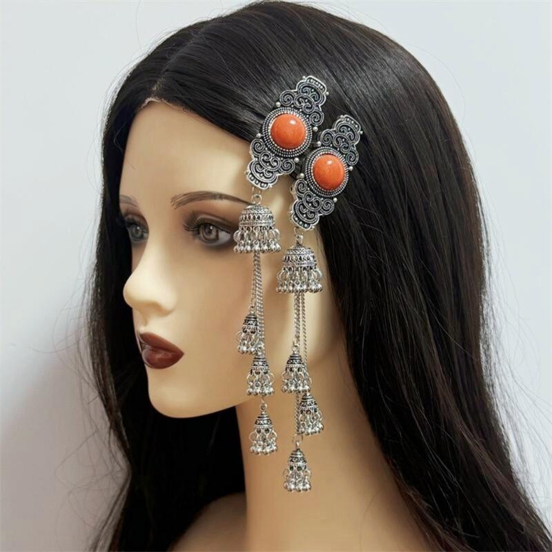 Handmade Mongolian Styles Alloy Tassels Hair Clip Ornament with Vintage Rhinestones Designs for Women Seek Unique Charm