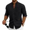 Mens Stand Collar Solid Color Loose Casual Long Sleeve Shirt