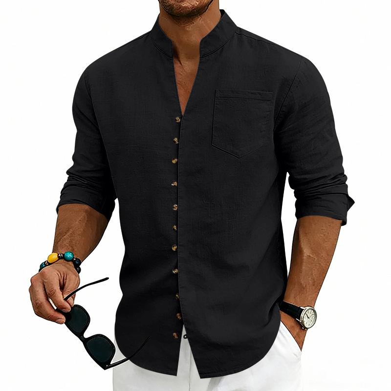 Men Stand Collar Long Sleeve Linen Shirt Single Pocket Button Down Casual Top S