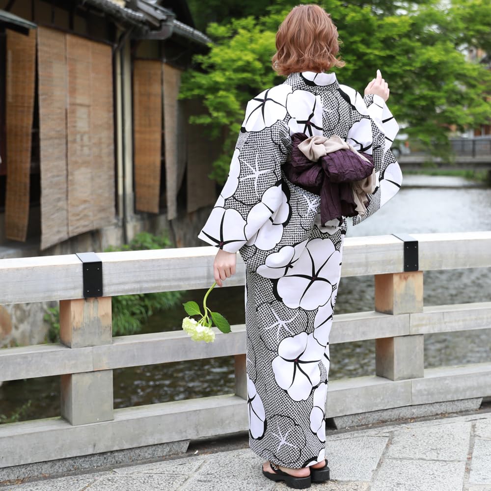 Adult Plus Size Yukata Set with Separate Set Large Morning Glory Pattern with Shibori Sizes Women's Obi, 3-Piece (3. Pattern, 4L-5L)