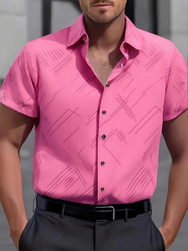 Men's Short Sleeve Geometric Line Print Shirt, Slim Fit for Casual & Business Wear