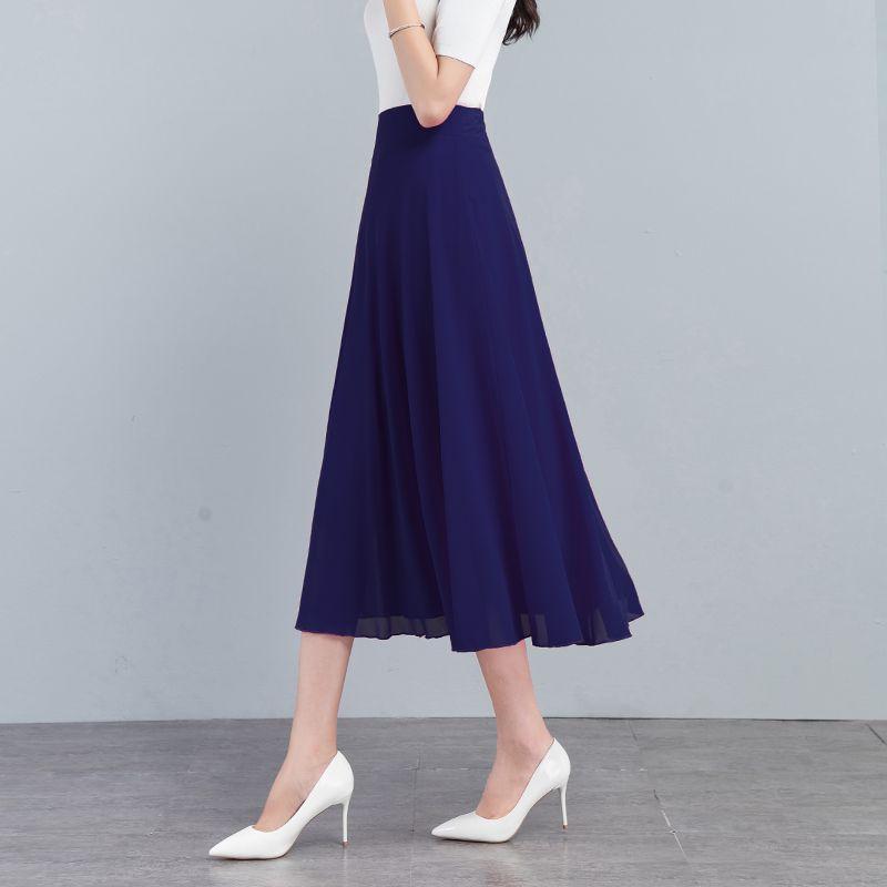 Sommer Neuer Einfarbiger Hellbrauner Chiffonrock Mittellang A-Linie Großer Schwung Damenrock Knielanger Rock