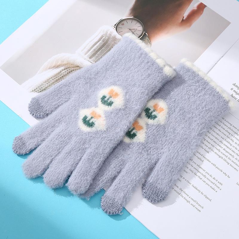 Korean Version of Women's Warm Gloves for Autumn and Winter Cold Proof Thickened Knitted Yarn Flowers Tulips Riding Touch Screen Finger