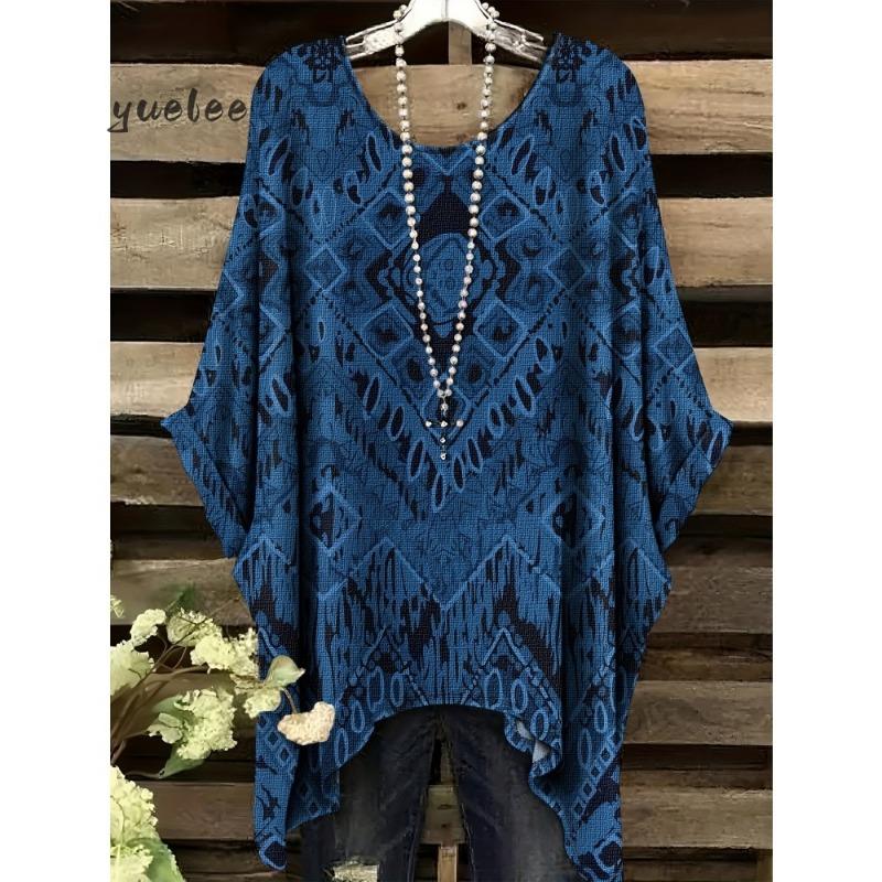 Bohemio Chic Oversize de Moda Estampados Étnicos Dobladillo Irregular Cuello Redondo Ropa Moda Ropa de Mujer Versátil Ropa para Mujer