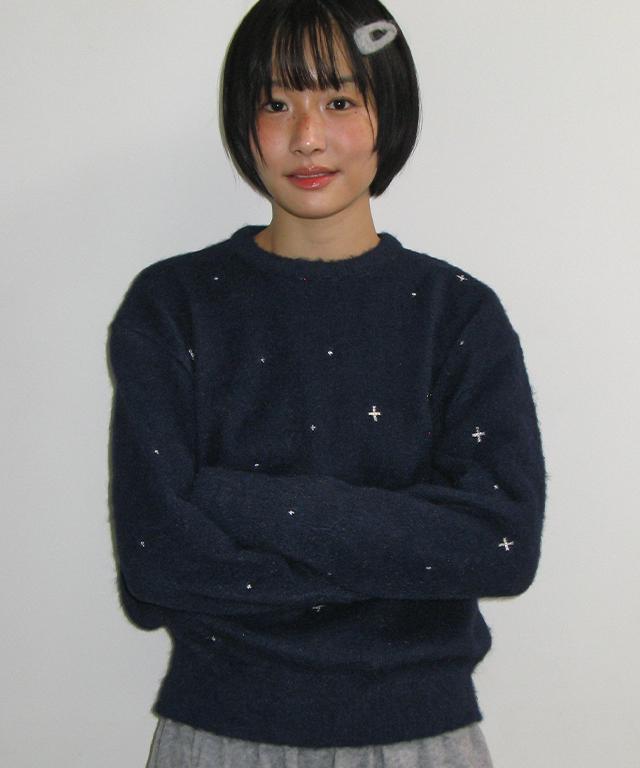 RONRON Hairy Pearl Embroidery Knit Navy