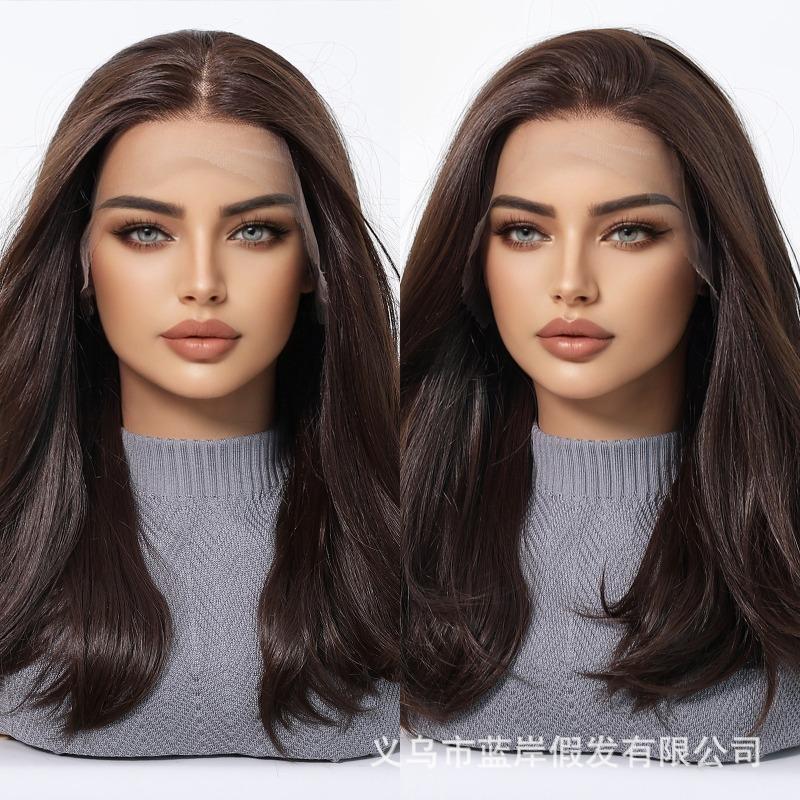 * HD large area lace wig medium black brown long straight hair fashion full hood lace Wig