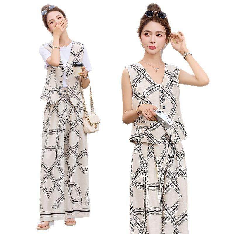 Summer Fashion Cotton and Linen Suit Female Fashion Royal Sister Fan Temperament Vest T-shirt Wide Leg Pants Three-piece Set