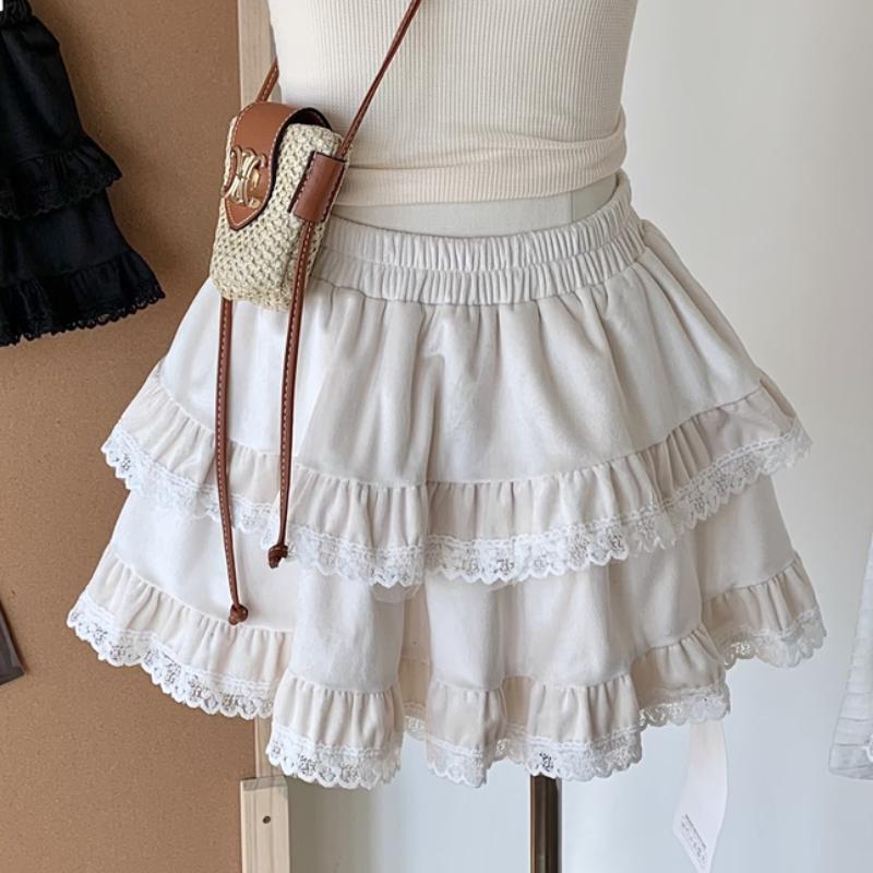 French Solid Lace Sweet Puffy Skirt New Women's Autumn Winter New Ballet Style Cake Skirt Fashion High Waist Short A-line Skirts