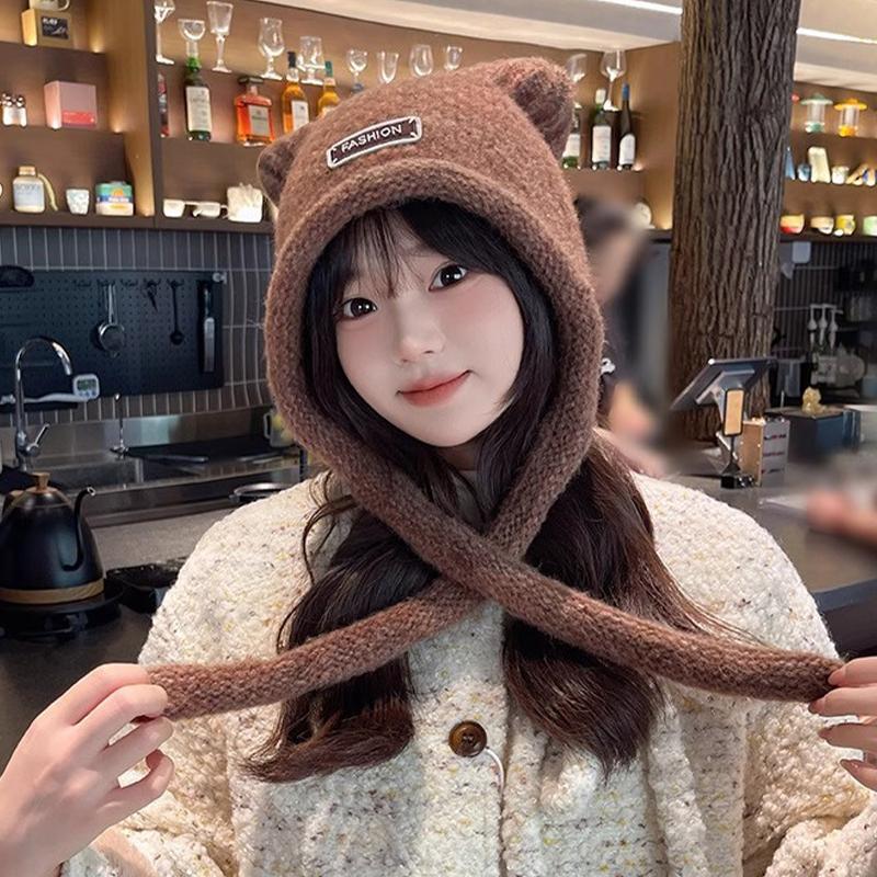 Autumn And Winter Woolen Cute Bear Ear Hat For Women Outdoor Warm Cold-Proof Sweet Knitted Hat