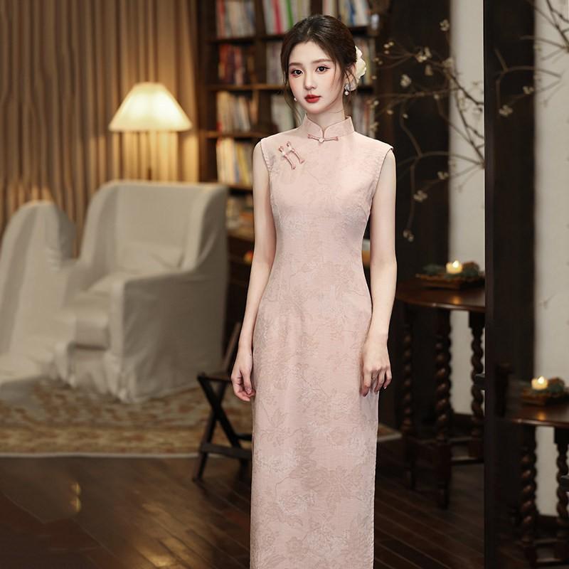 Pink Sleeveless Modern Chinese-Inspired Long Cheongsam Dress 2026 Womens Elegant Daily Wear Small