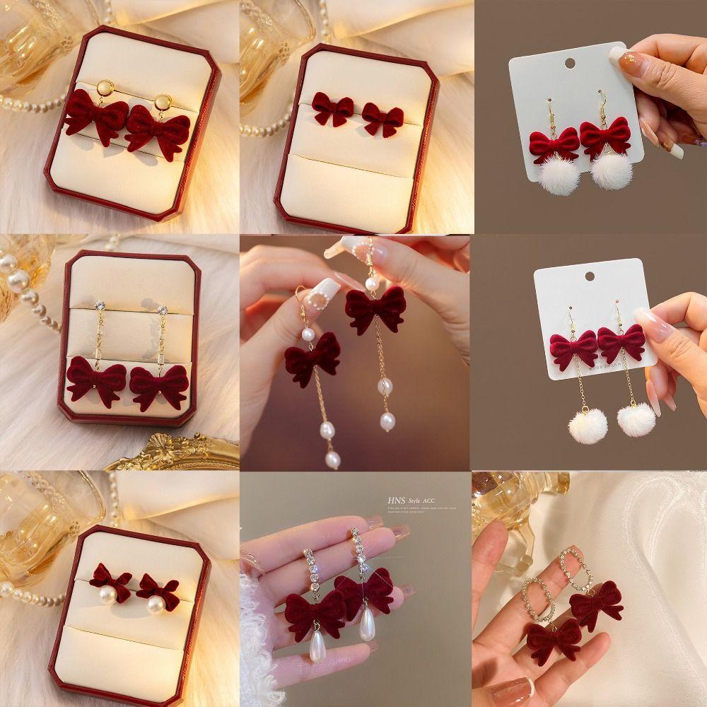 Red Long Tassel Chain Flocking Earrings NEW Bow Dangle Earrings  New Year Gift