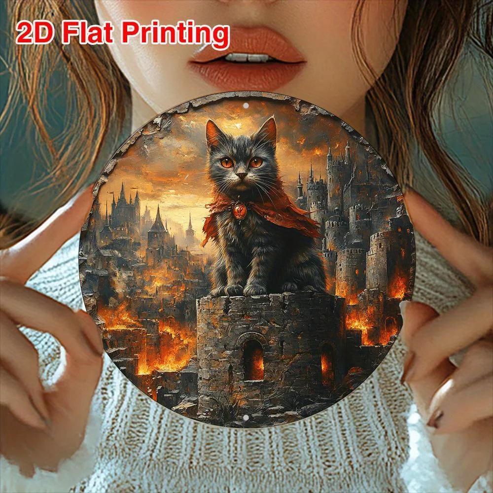 Готический Гаргулья Кот Пламя Замок Металлическое Настенное Украшение 8x8 Дюймов Винтажное Искусство небесно-голубой