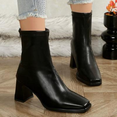 Elegante Blockabsatz-Ankle Boots mit eckiger Spitze für Damen Leder Reißverschluss hinten Kurze Stiefel Damenmode Hochhackige Stiefel