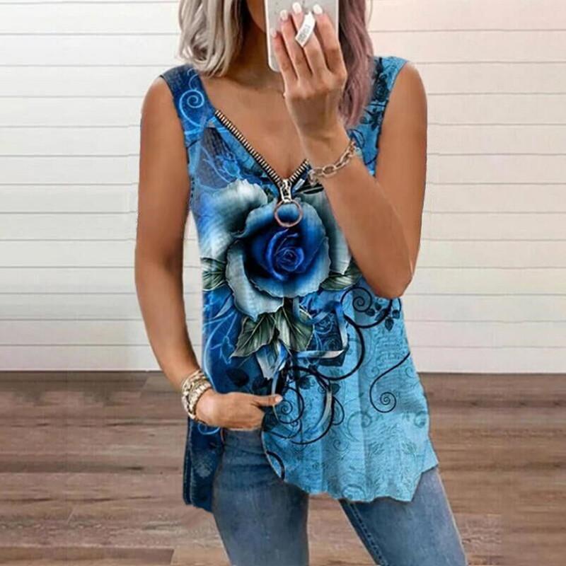 Women Summer Rose Print Zippered V-neck Sleeveless Casual Vest T-shirt