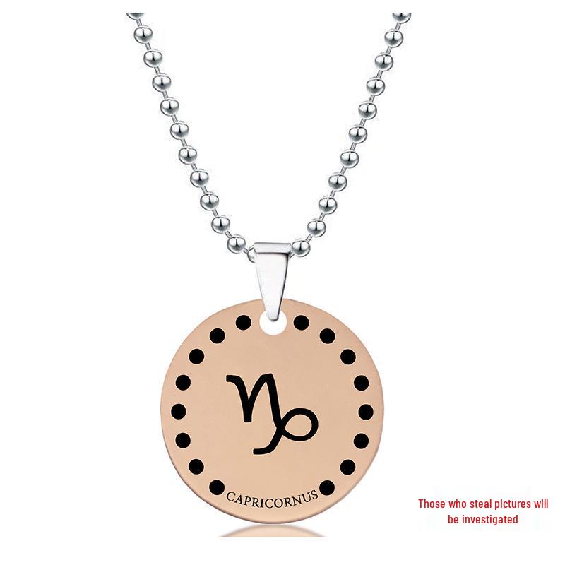 Rose Gold Stainless Steel Necklace with Twelve Constellations Engraved Round Tag - Christmas Holiday Gift