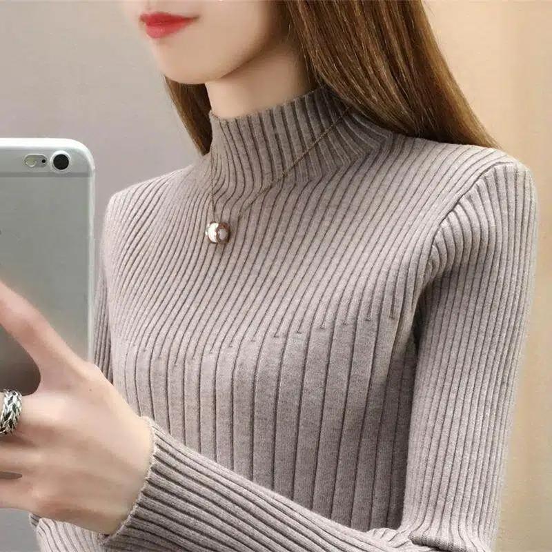 Autumn Winter Slim Casual Fashion Half High Collar Sweater Women Solid Color All-match Bottomed Knitting Tops