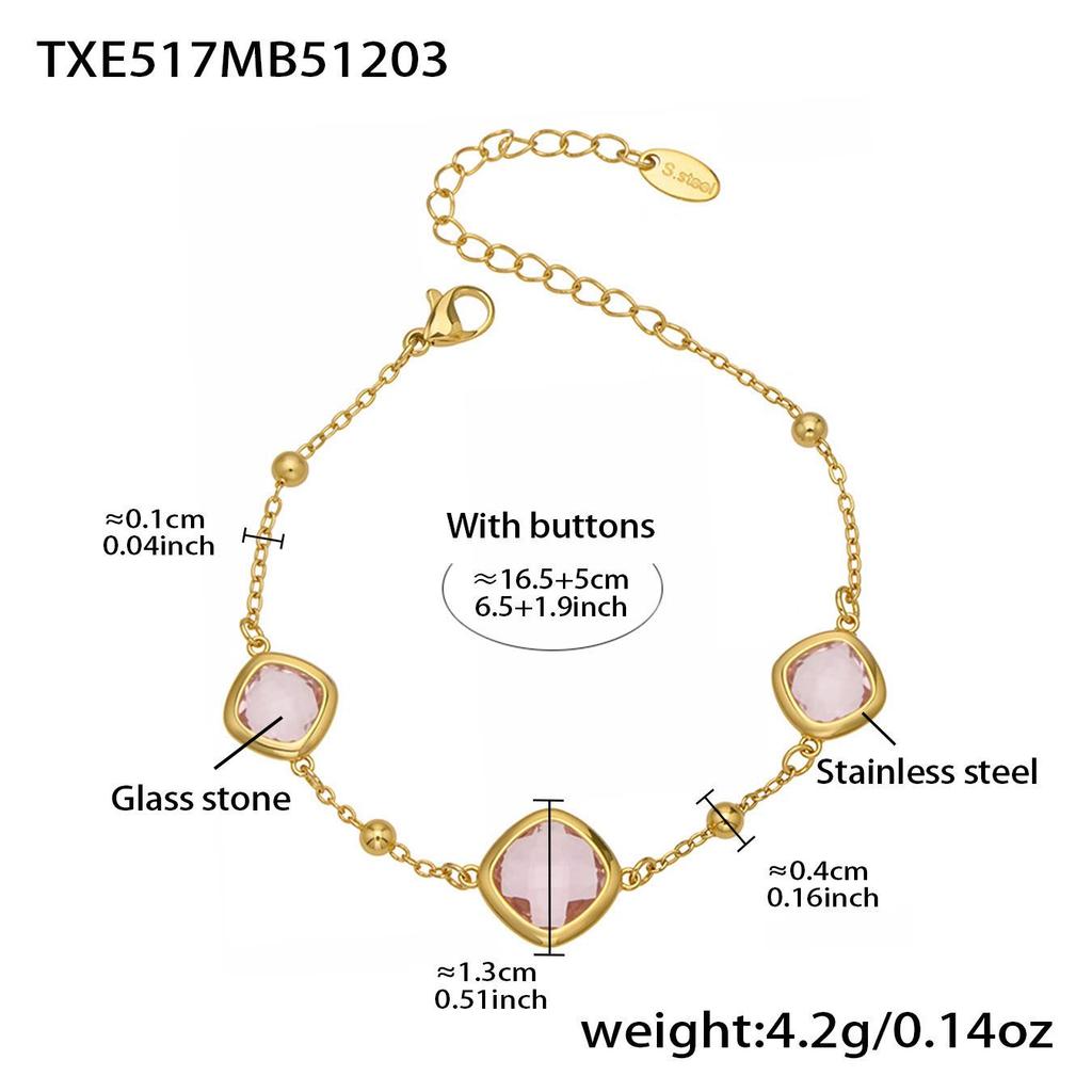 Geometric Glass Stone Earrings & Stainless Steel Bead Necklace Bracelet Set - Multi-color Patchwork Jewelry
