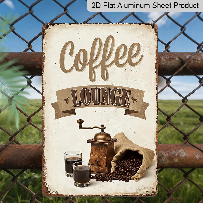 2D Flat 8*12inch Aluminum Sign and Plaque, Retro Coffee Lounge Decorative Aluminum Plate with Coffee Bean Grinder and Cup Design, Suitable for Cafes