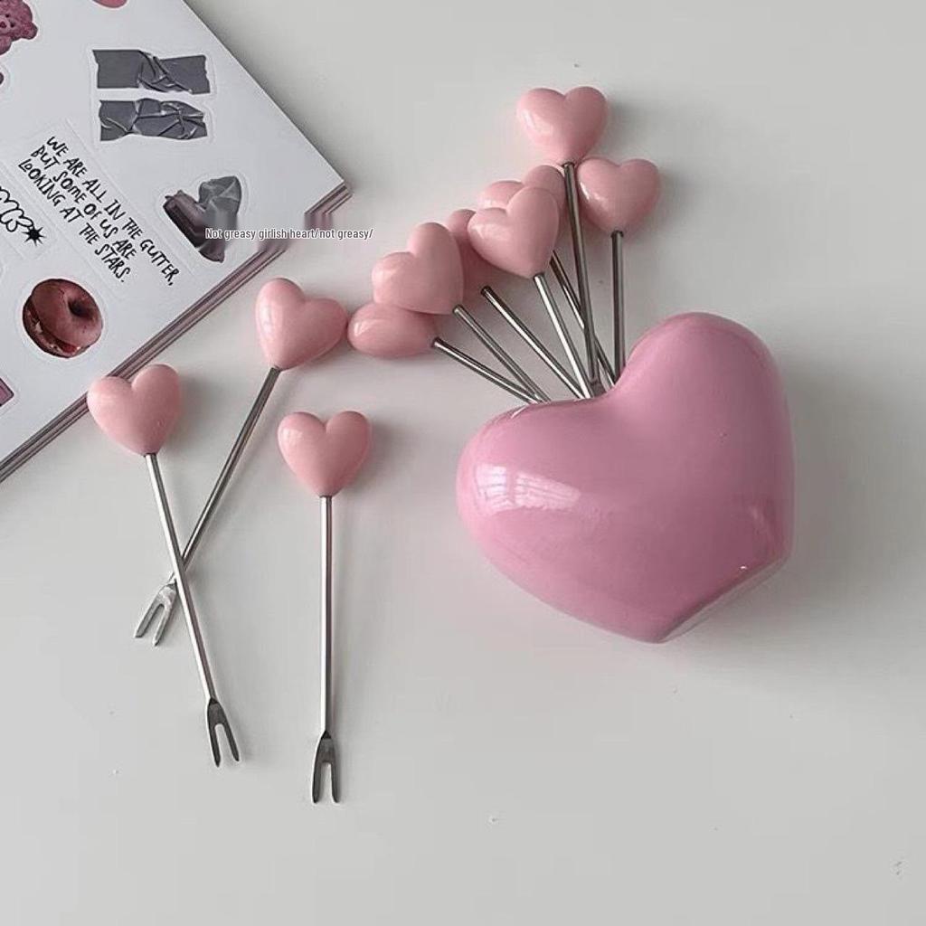 Zestaw widelczyków deserowych ze stali nierdzewnej w kształcie serca - Uroczy dwuzębny design do ciast i owoców