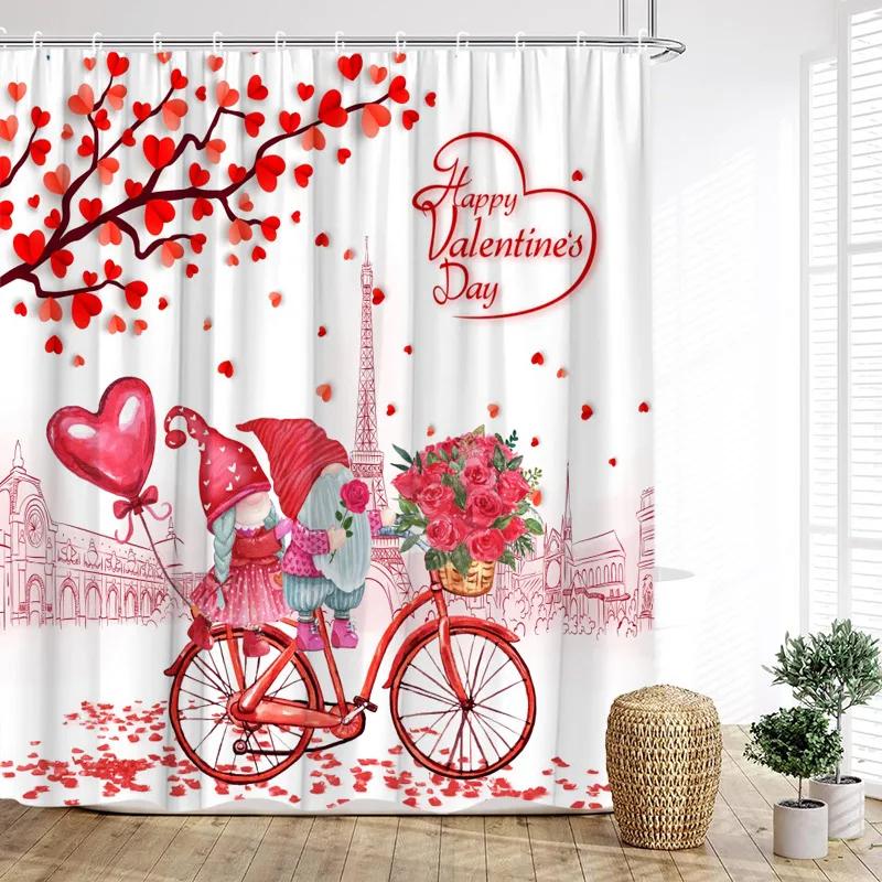 Red Rose Shower Curtains Romantic Blooming Floral Butterfly Valentine's Day Bathroom Decor Polyester Bath Curtain with Hooks