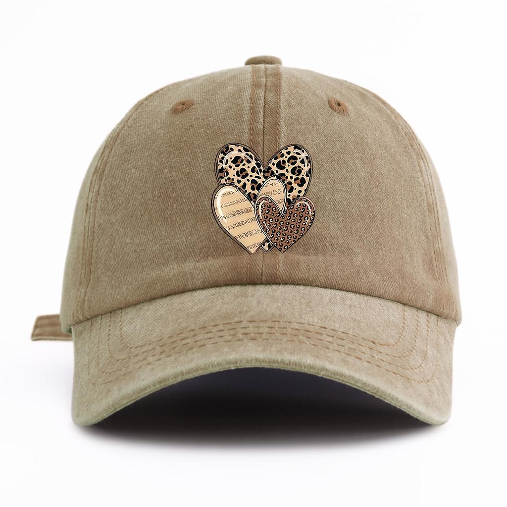 1pc Leopard Heart Print Washed Baseball Cap for Adults, Minimalist Retro Style Casual Soft Adjustable Dad Hat, Perfect As Gift