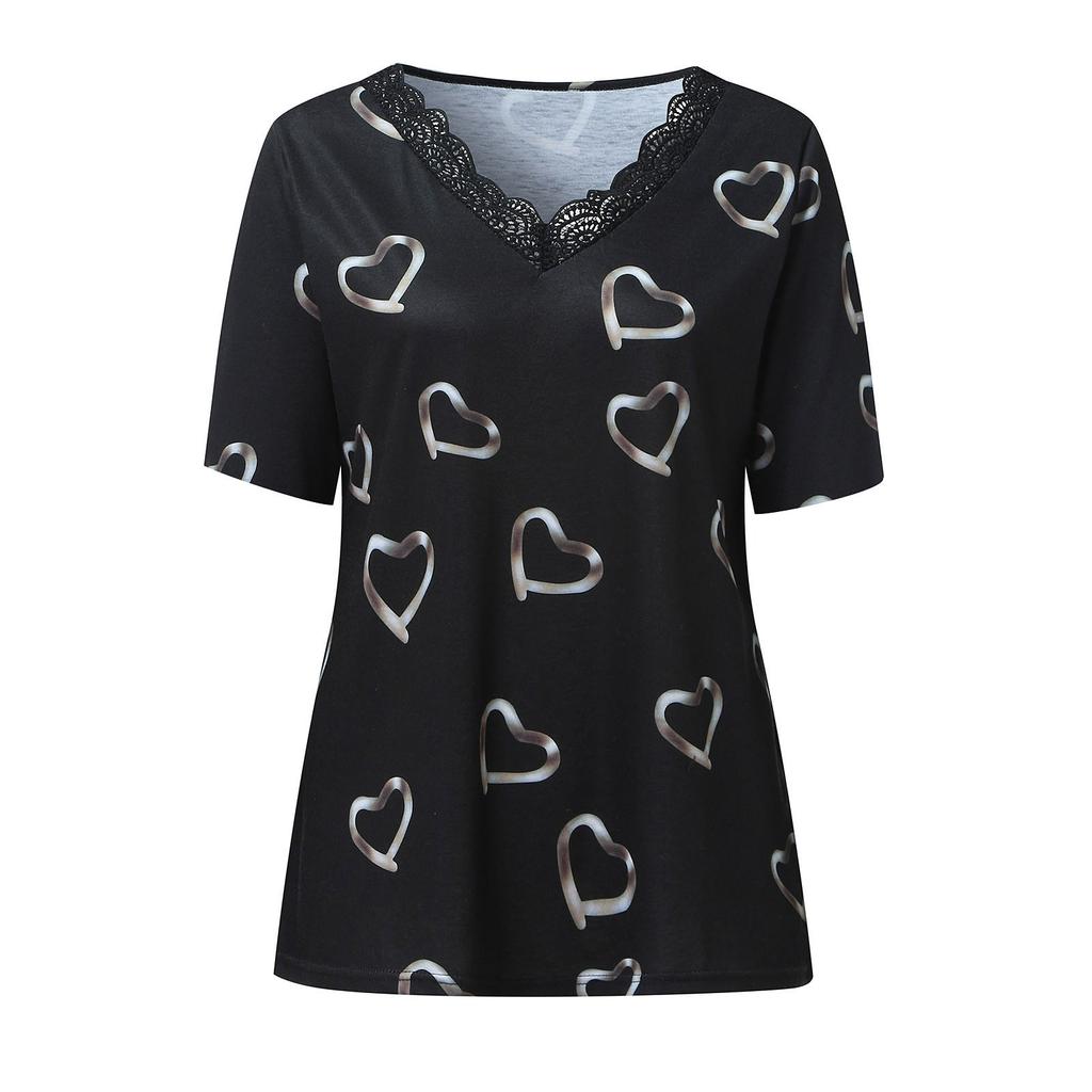 Women Hearts Print V-neck Lace Patchwork Short Sleeve T-shirt Pullover Blouse