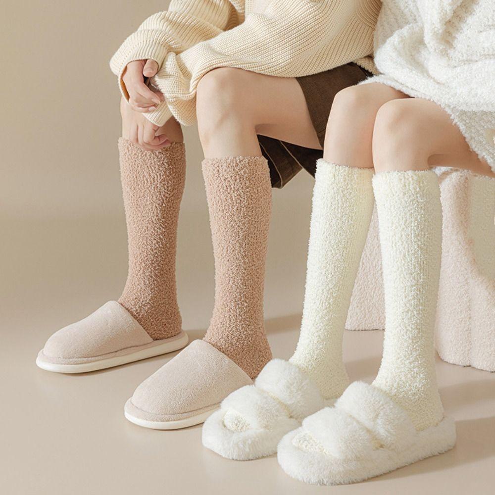 3Pairs Simple Floor Plush Socks Winter Knee High Stockings Winter Thicken Stockings For Female Men